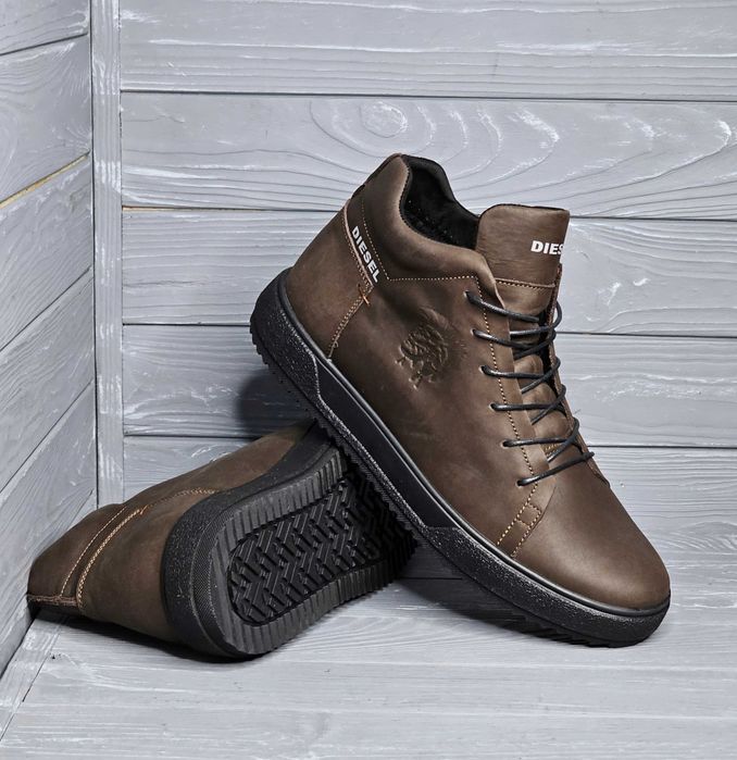 40-48р Мужские кожаные черные коричневые зимние кроссовки ботинки кеды