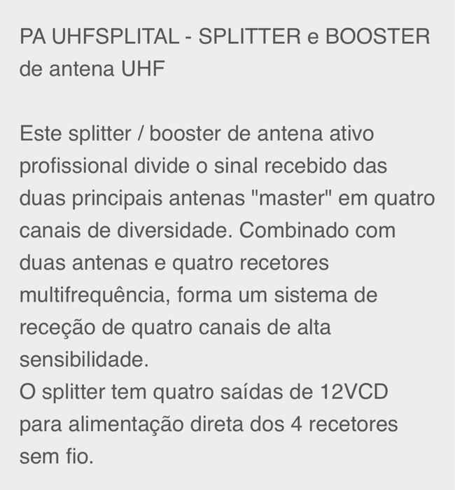PROEL PA UHFSPLITAL - splitter e booster de antena (2 antenas)