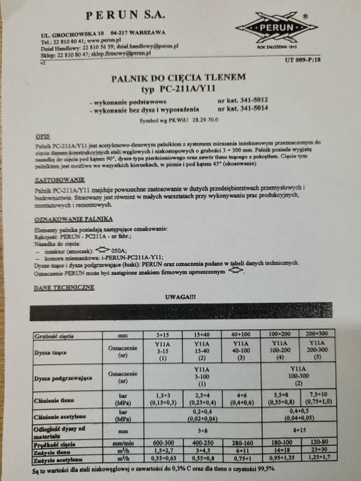 Palnik do cięcia tlenem Perun PC-211A/Y11