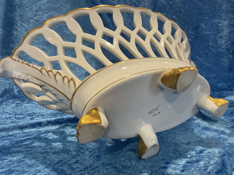 Fruteira vista alegre porcelana pintura manual a ouro 31 cm