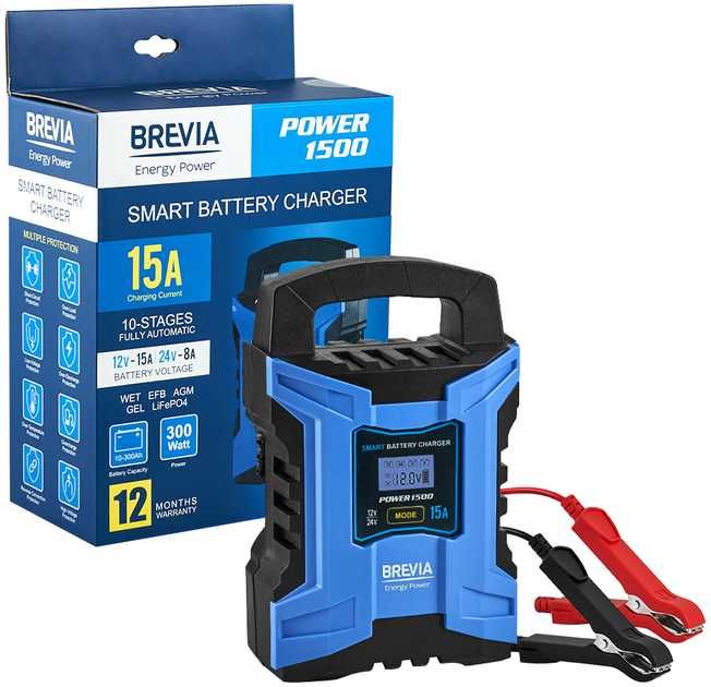 Зарядний пристрій для акумулятора Brevia Power1500 15A 12В/24В 10-300А