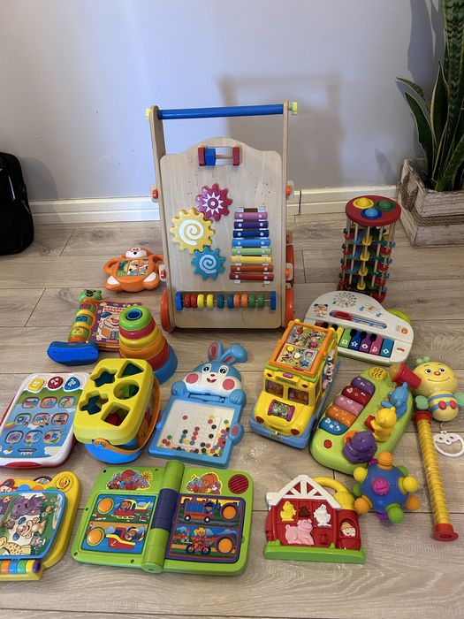 Duży zestaw zabawek, autobus edukacyjny, drewniany chodzik, sorter