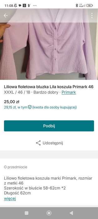 Liliowa fioletowa bluzka koszula Primark 46