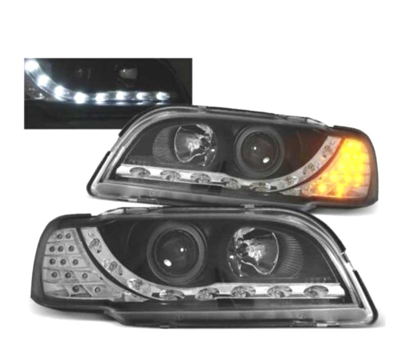 FARÓIS COM LUZ DIURNA LED VOLVO S40 V40 96-00 FUNDO PRETO