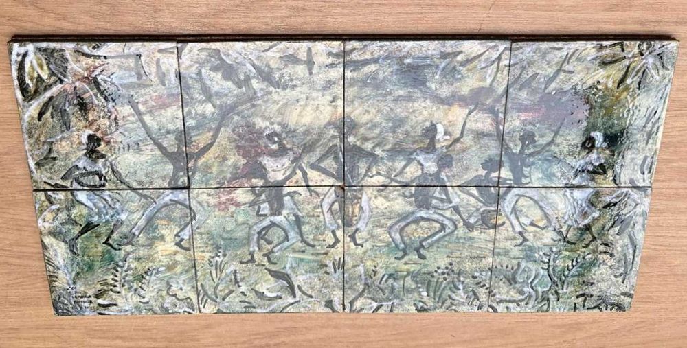 Painel antigo 8 azulejos representando dança africana