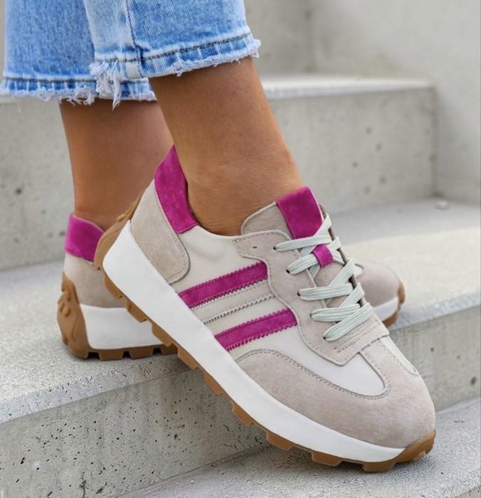 Sneakersy beż z dodatkiem fuksji 37