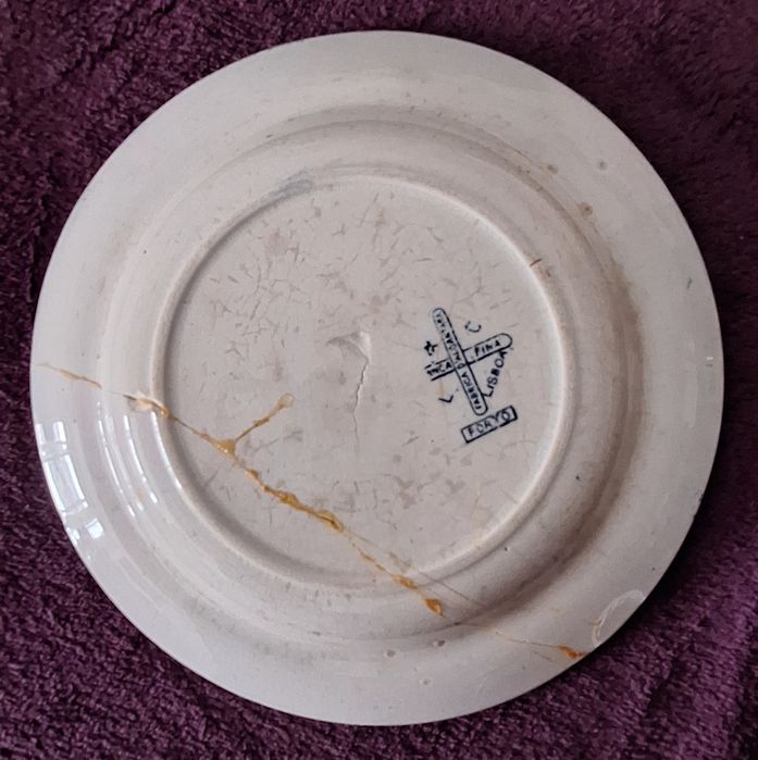 2 pratos fundos antigos Fábrica d'Alcantara fiança fina decoração azul