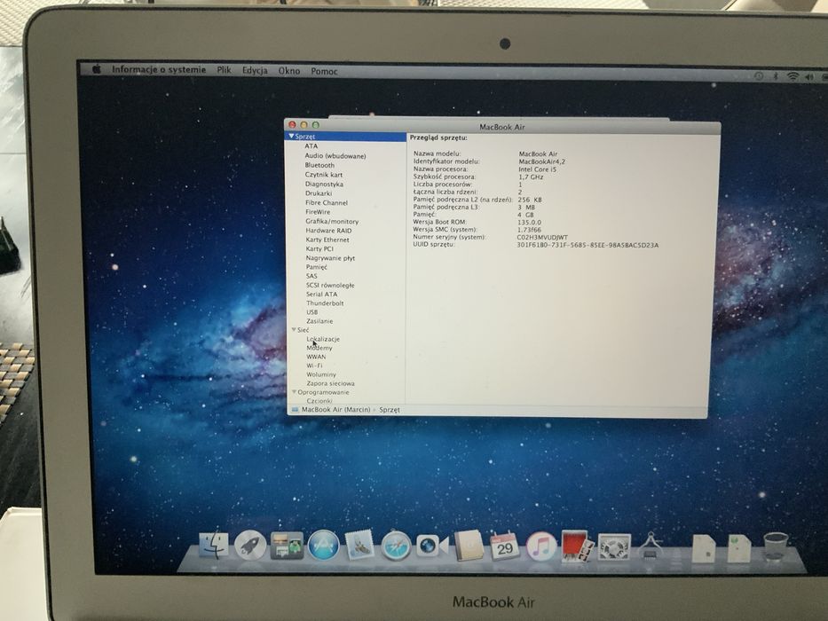 Uszkodzony macbook air a1369 dysk 128gb 4gb ram