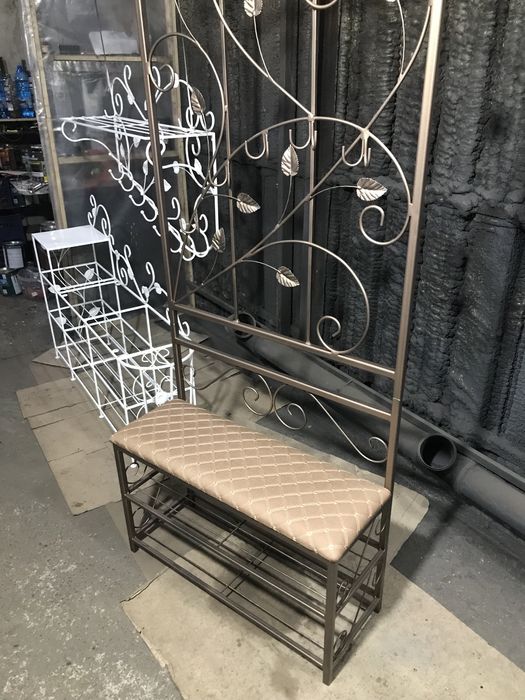 Вешалка кованая с банкеткой для обуви, прихожая, полка, пуф, подставка