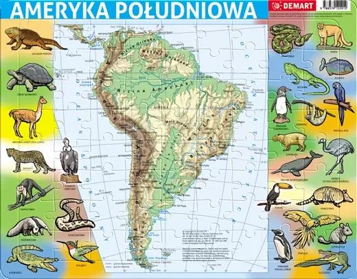 Puzzle 72 elementy ramkowe, Ameryka Południowa mapa fizyczna. Demart. Nowy Produkt