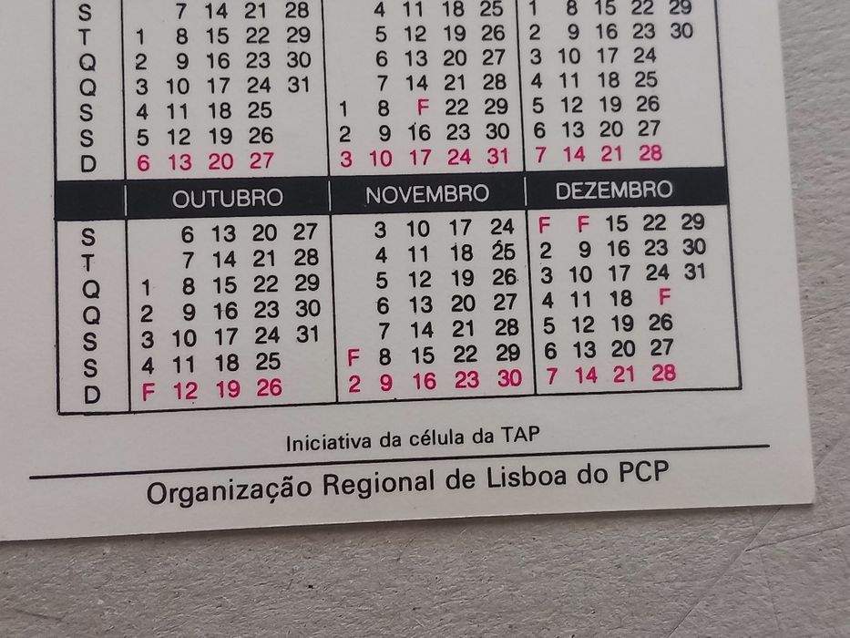 Calendários de Bolso 1986 – Célula TAP  - RARO/ PCP Lisboa (História da Aviação) - PORTES GRÁTIS