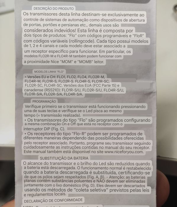 Controle remoto comando NICE motor portão garagem