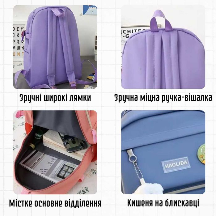 Шкільний рюкзак для дівчинки. Набір 4в1: рюкзак, сумка, пенал і клатч. школьный ранец для девочки портфель в школу 1 2 3 4 5 класс