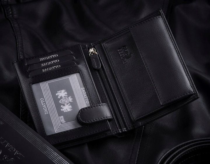 Portfel Męski Skórzany Pionowy Czarny Elegancki Ochrona Kart Rfid Zaga