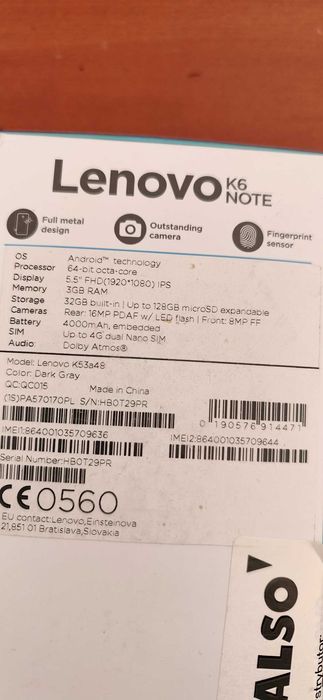 Smartfon Lenovo K6 Note (model K53a48) – stan bdb, w pełni sprawny