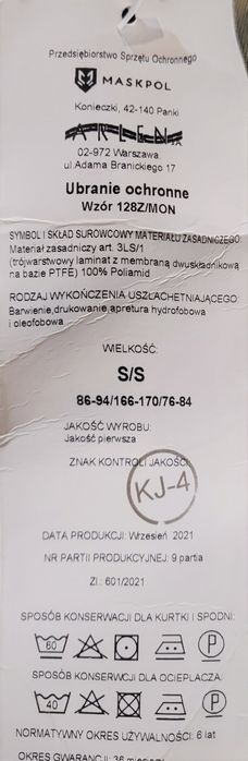 Ubranie ochronne Goratex nowy 128Z/MON rozmiar  S/S