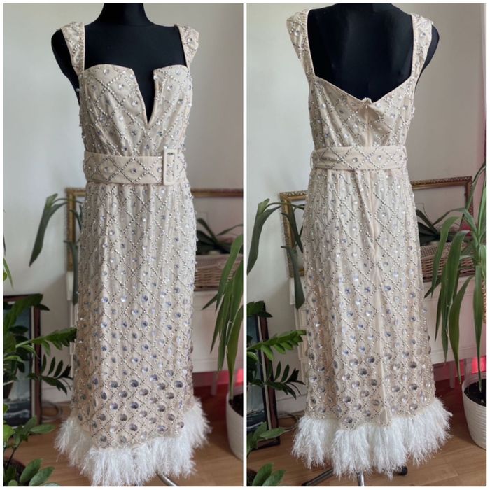 Asos luxe cekinowa sukienka midi midaxi pióra 44 xxl  zdobiona