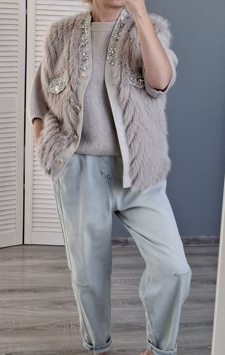 Włoska kamizelka futerko z cyrkoniami uni