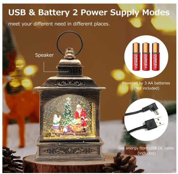 Latarnia świąteczna śnieżna podświetlana z muzyką, wzór Mikołaj