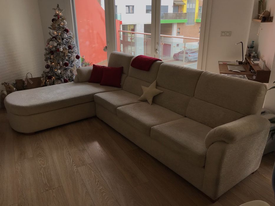 Sofa creme tecido chaise long 3 lugares