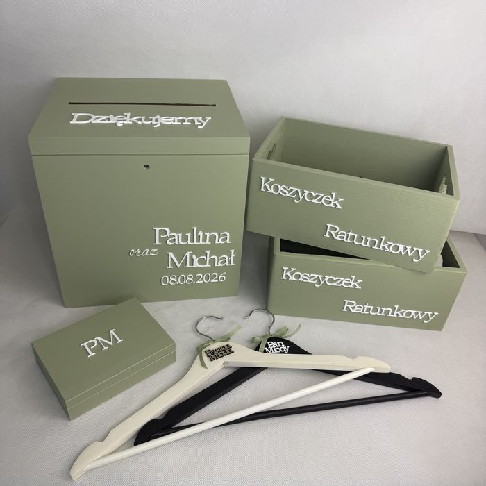 Pudełko na koperty, obrączki, koszyczki i wieszaki w kolorze szałwia