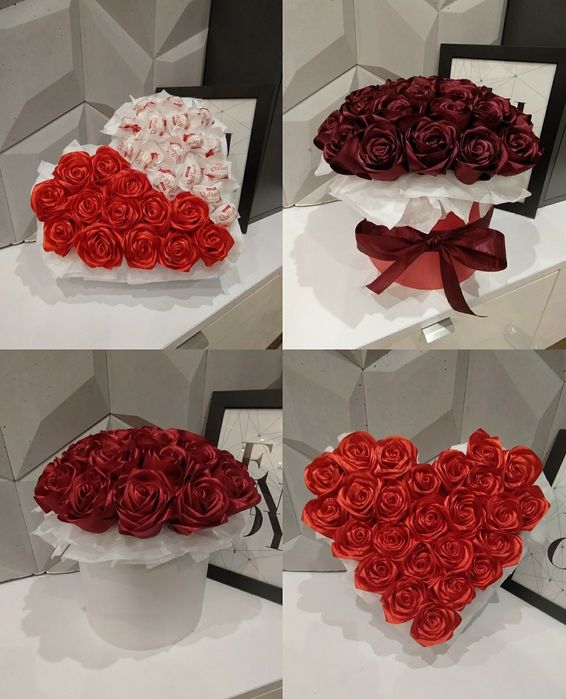 Wieczne bukiety z satynowej wstążki w pudełkach na 8 marca, urodziny i