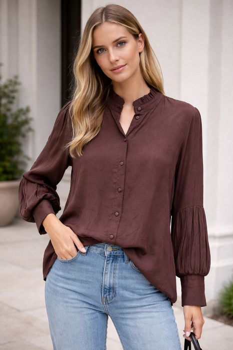 Koszula damska z wiskozy ze stójką brązowa S
