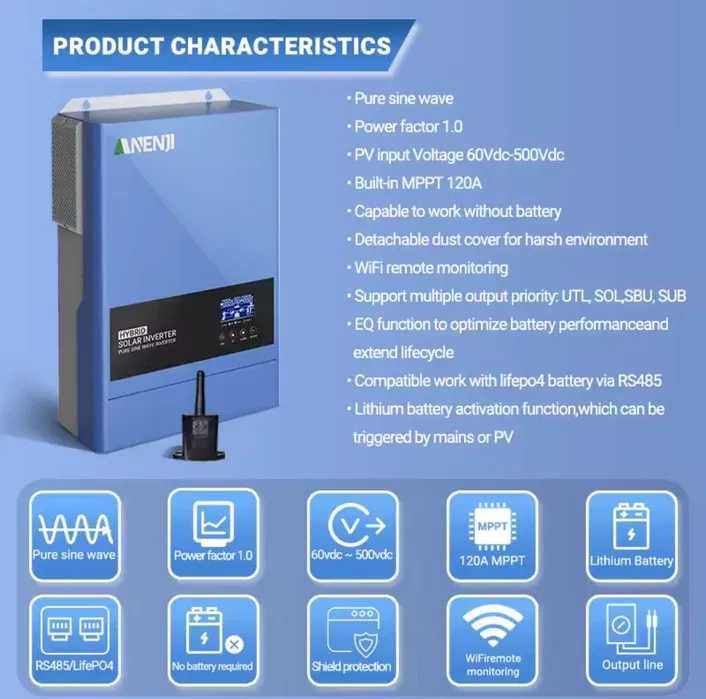 Гібридний сонячний інвертор ANENJI ANJ‑6200W‑48V‑WIFI