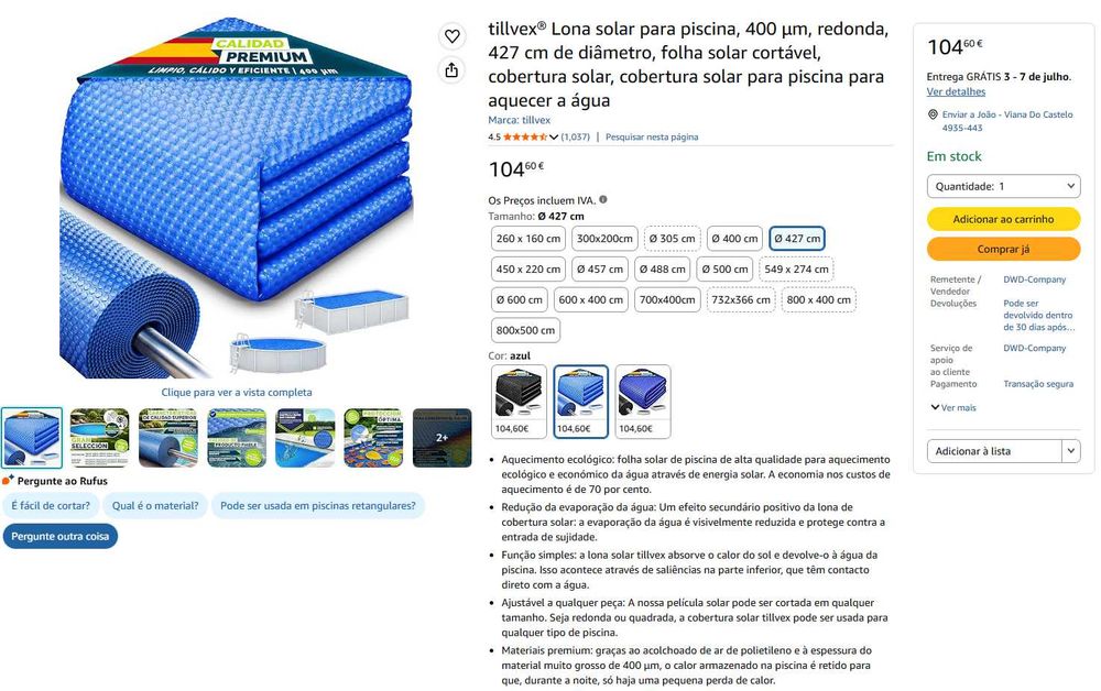 Cobertura Térmica para Piscina Redonda Ø 427 cm (Novo)