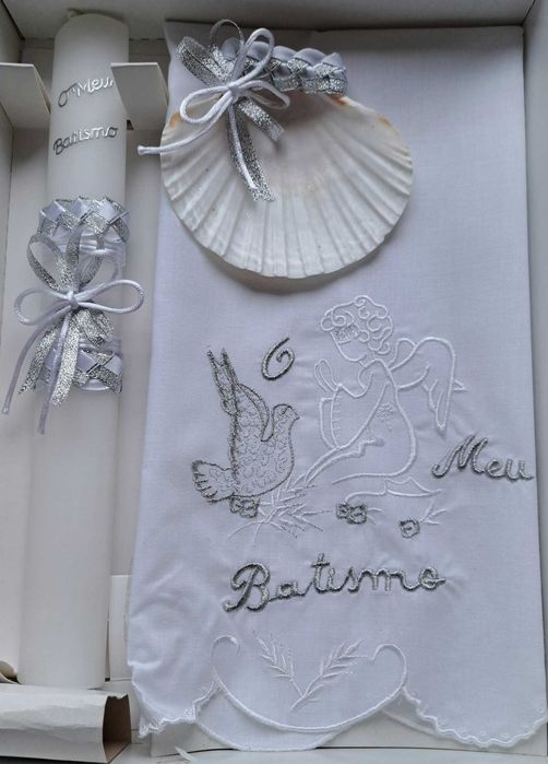 conjunto para batismo / batizado: vela, concha, toalha