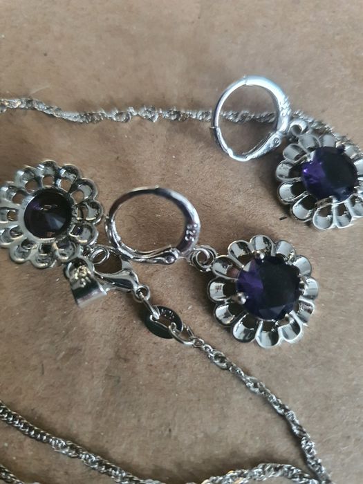 Srebrny Zestaw Komplet Biżuterii Fioletowy Kwiat Kolczyki Łańcuszek