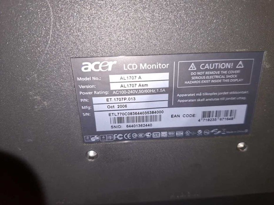 monitor acer AL1707 LCD VGA bom estado c/cabos