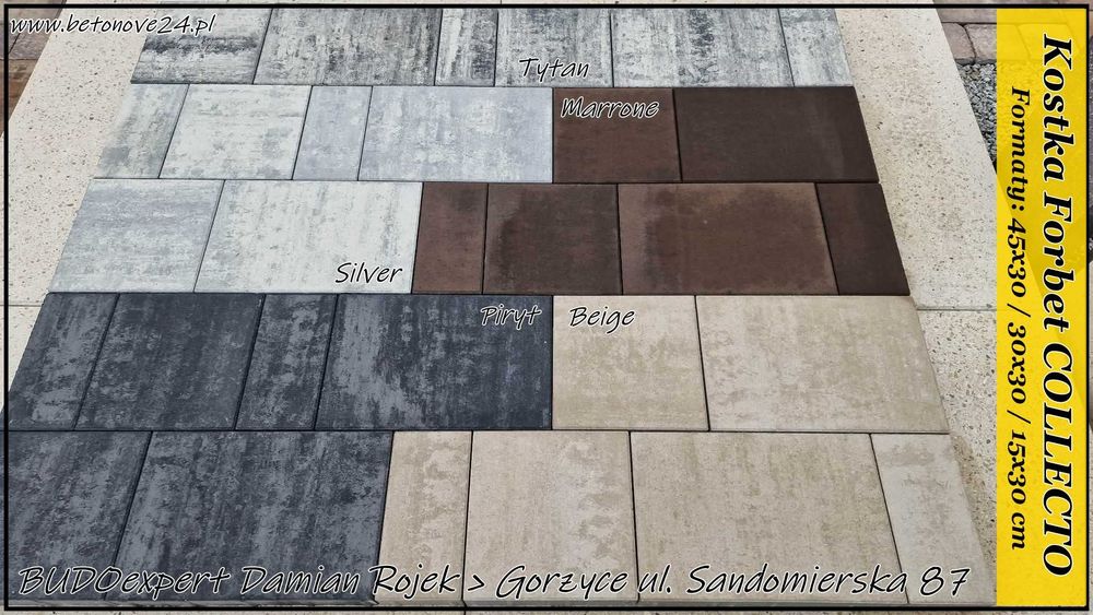 Kostka brukowa Forbet COLLECTO kolory Beige Maronne Silver Piryt Tytan