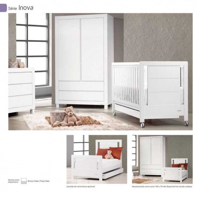 Berço/Cama + Colchão - Marca Trama modelo Inova - Branco Mate