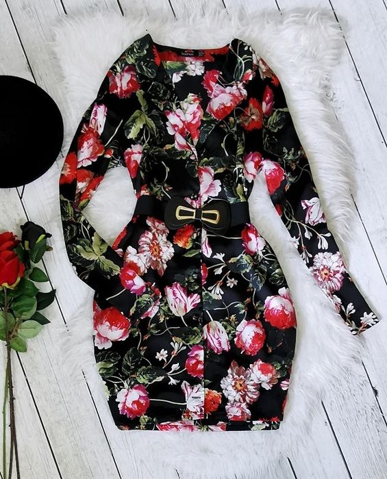 Sukienka Koszulowa Satynowa Kwiaty Elegancka Boho Retro Vintage M