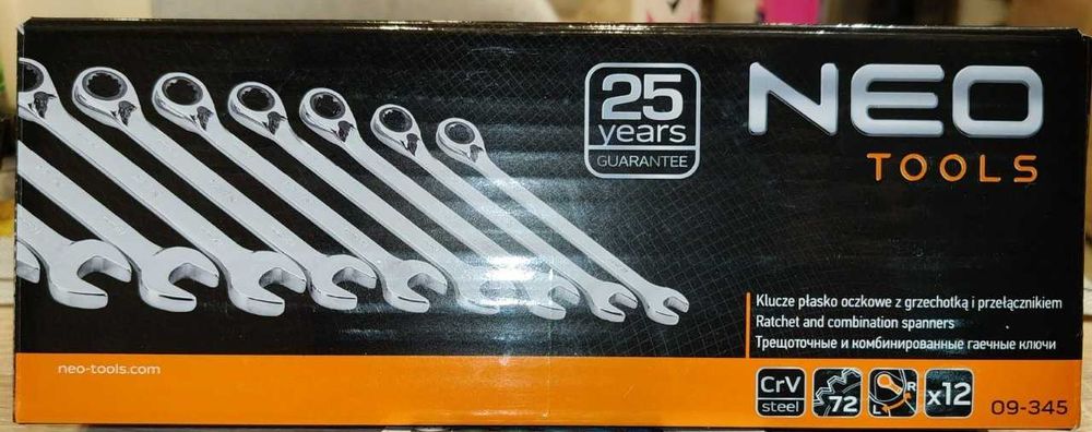 Neo tools 09-345 komplet kluczy płaskich z grzechotką 12szt 8-19mm w etui!!!