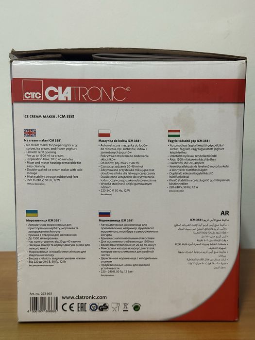 Máquina de Fazer Gelados Clatronic ICM 3581 – na Caixa