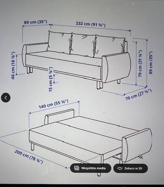 Sofa - 3 osobowa z funkcją spania wraz z fotelem