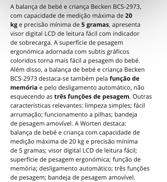 Balança Digital de Bebé BECKEN Baby BCS-2973 (Até 20kg) – Como Nova