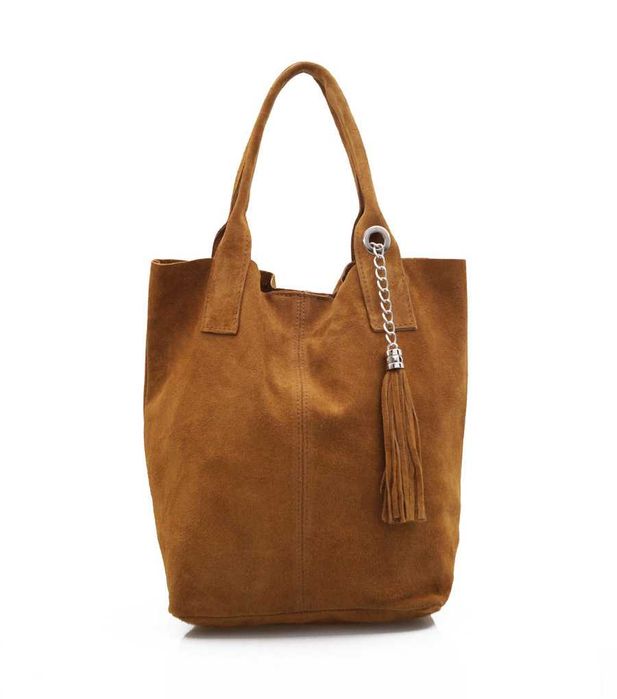 VERA PELLE torebka zamszowa worek shopper z suwakiem V146 camel