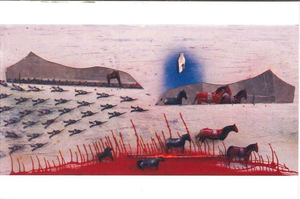 Pocztówka Władysław Hasior Przez płonące łąki krwi Malarstwo