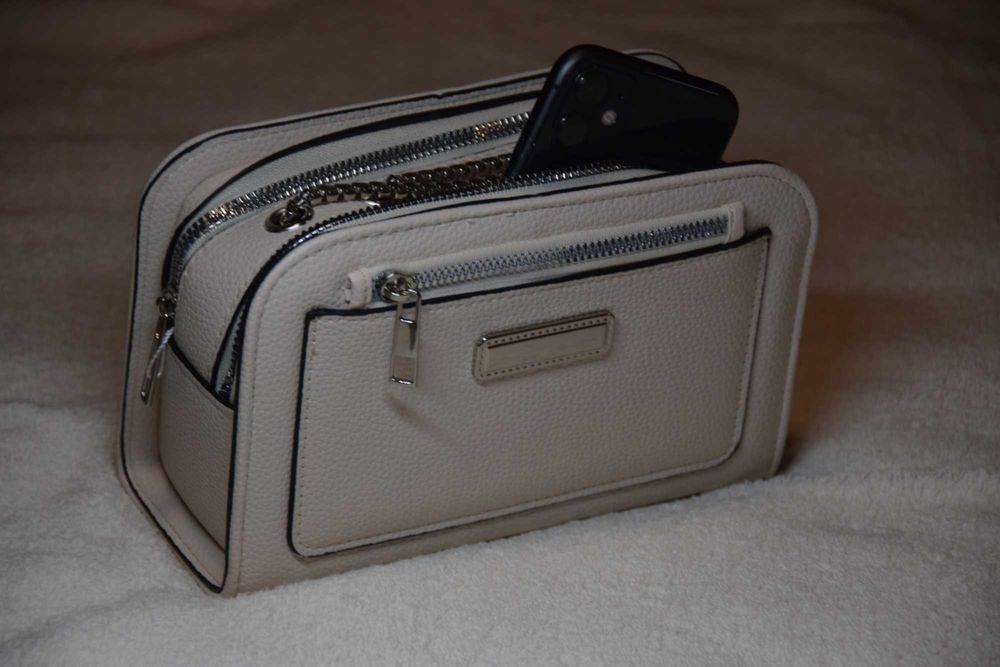 Bolsa Camera Bag Bege - Alça de Corrente Conversível (3 em 1)
