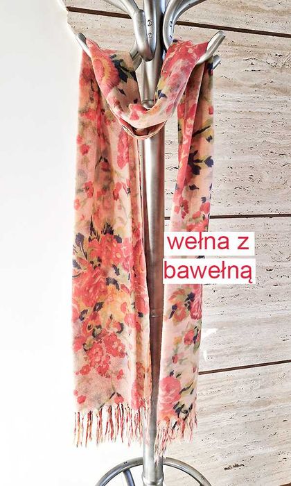 Szal wełna z bawełną, ciepły, w kwiaty, róż/ pudrowy róż