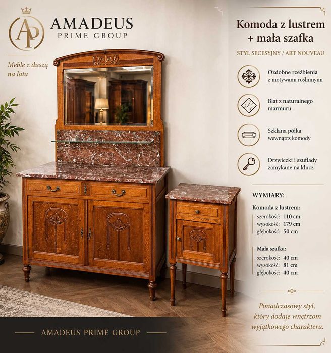 Komoda z lustrem i blatem marmurowym + mała szafka – styl secesyjny / Art Nouveau