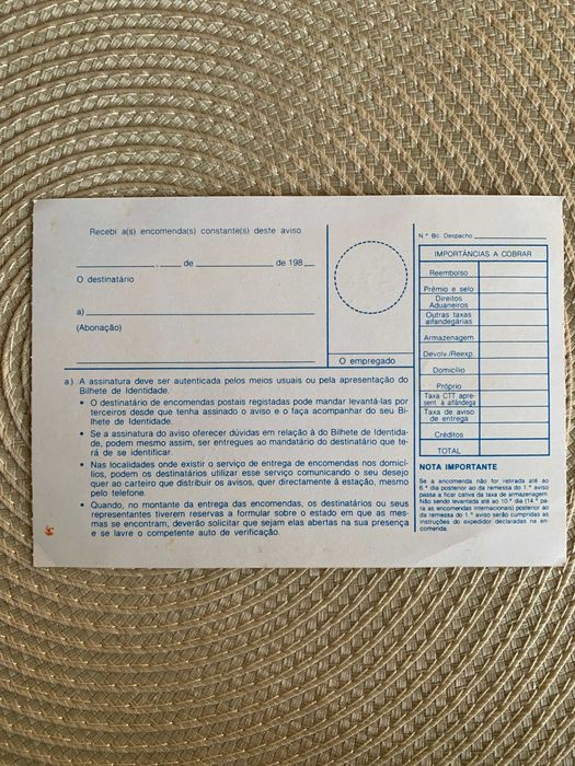 Papel nota antigo Aviso de entrega ctt
