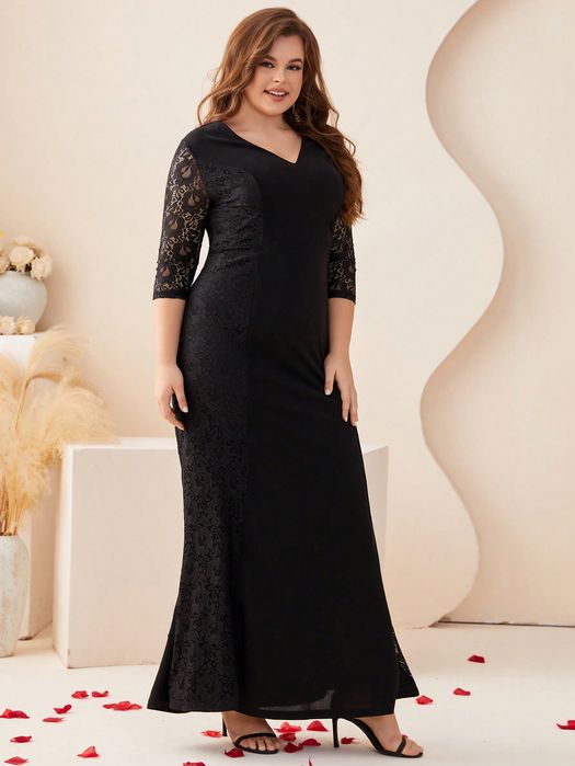 Sukienka Wieczorowa Koronkowa Syrena Z Dekoltem V Maxi Czarna Xxl 44