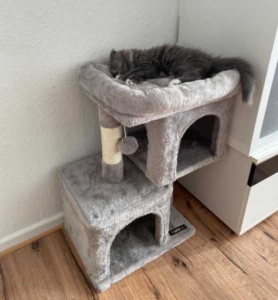 Drapak dla kota LUKSUSOWY duże legowisko 2 domki słupek zabawka SZARY
