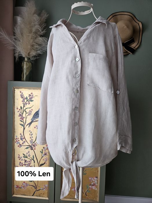 Lniana beżowa koszula damska 100% Len Made in Italy wiązana L/XL elega