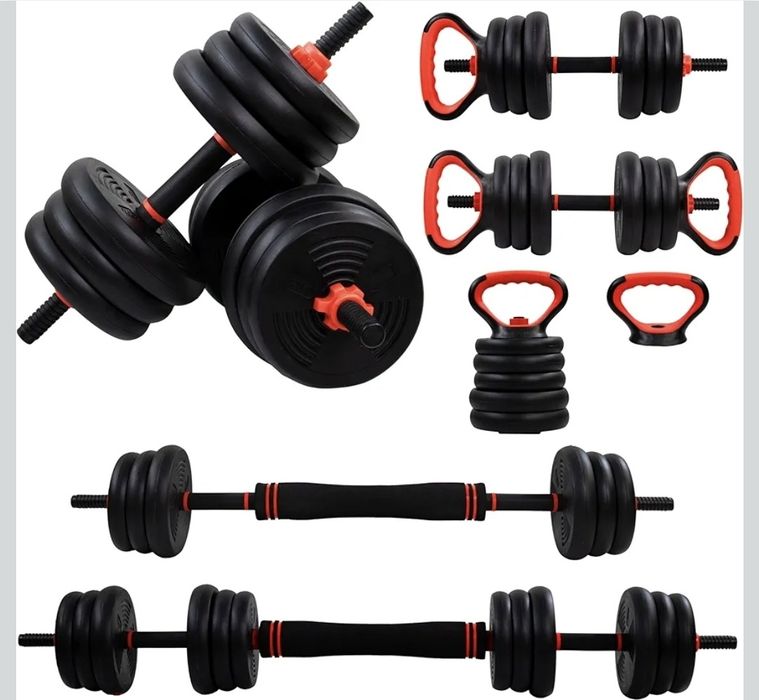 Halteres Ajustáveis 20 Kg, 4 em 1, Jogo de Pesos, Halteres, Kettlebells e Suporte para Flexões, Barra de Conexão, Aderência Antiderrapante