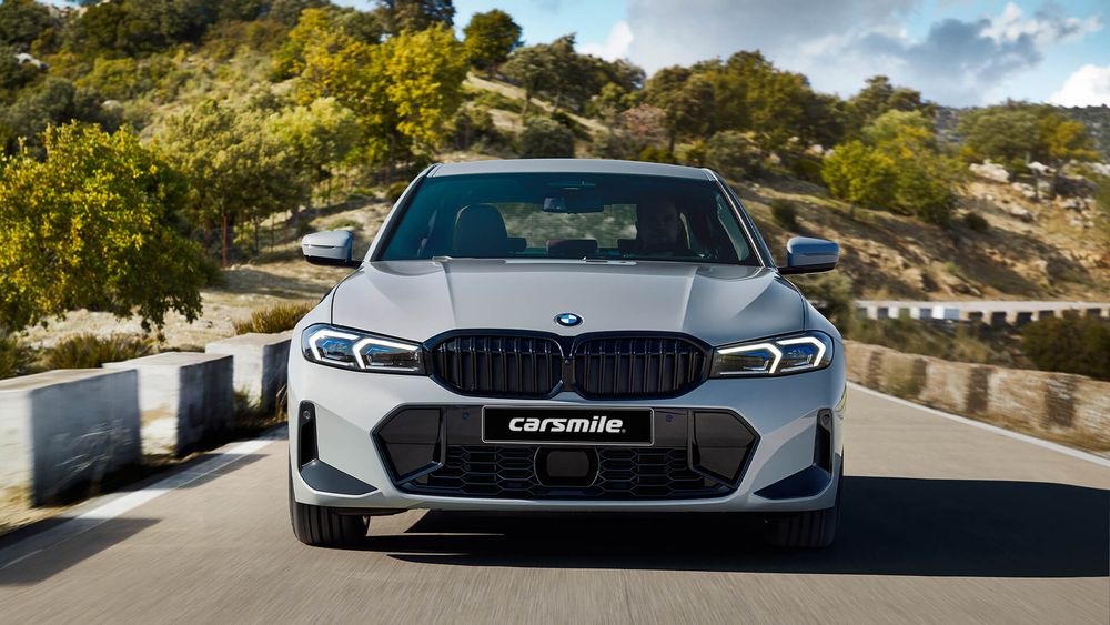 Szare BMW Seria 3 Sedan od przodu
